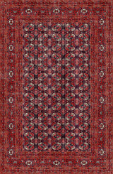 The Ruby Weave - Washable Rug - JRN1033 (Custom Size) features an intricate red geometric pattern with symmetrical motifs and multicolor borders—perfect for allergy-sensitive homes.