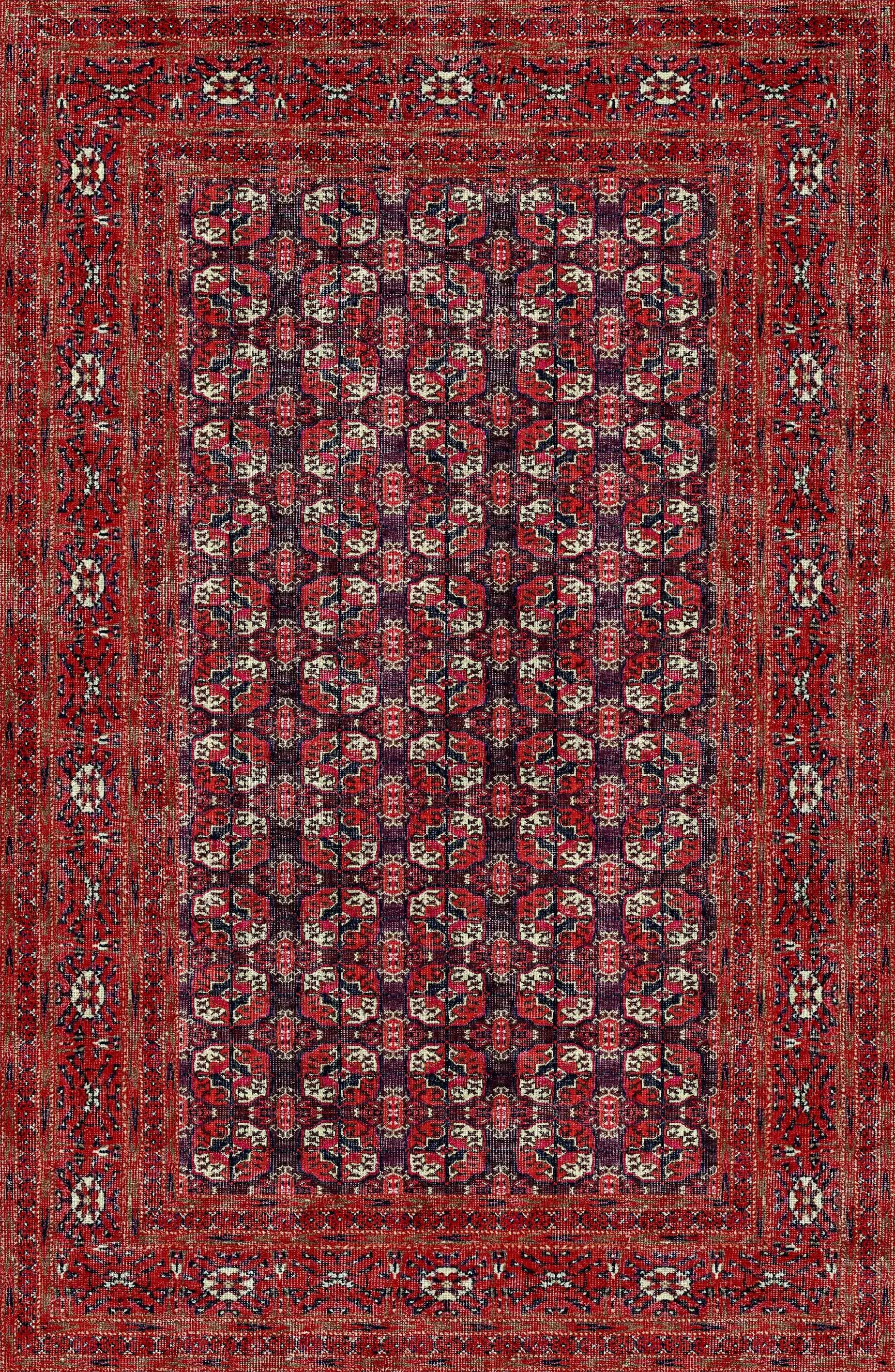 The Ruby Weave - Washable Rug - JRN1033 (Custom Size) features an intricate red geometric pattern with symmetrical motifs and multicolor borders—perfect for allergy-sensitive homes.