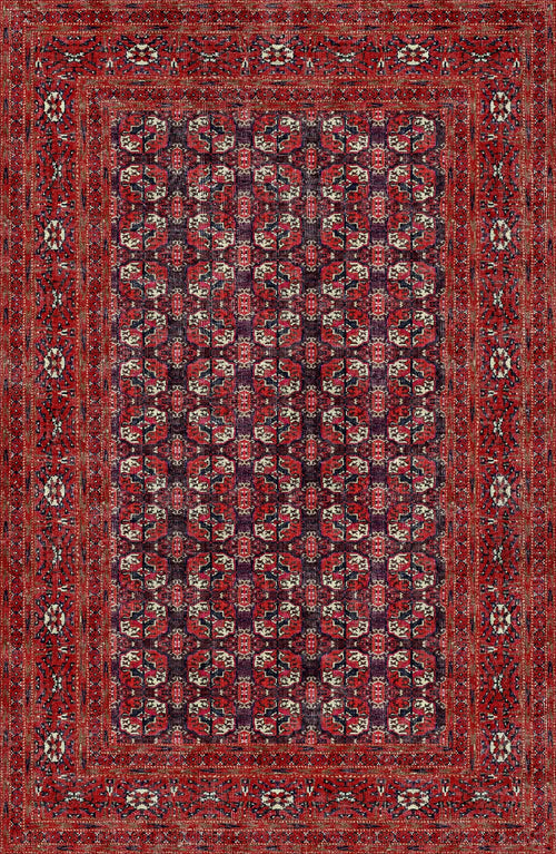 Load image 1 in gallery view. The Ruby Weave - Washable Rug - JRN1033 (Custom Size) features an intricate red geometric pattern with symmetrical motifs and multicolor borders—perfect for allergy-sensitive homes.