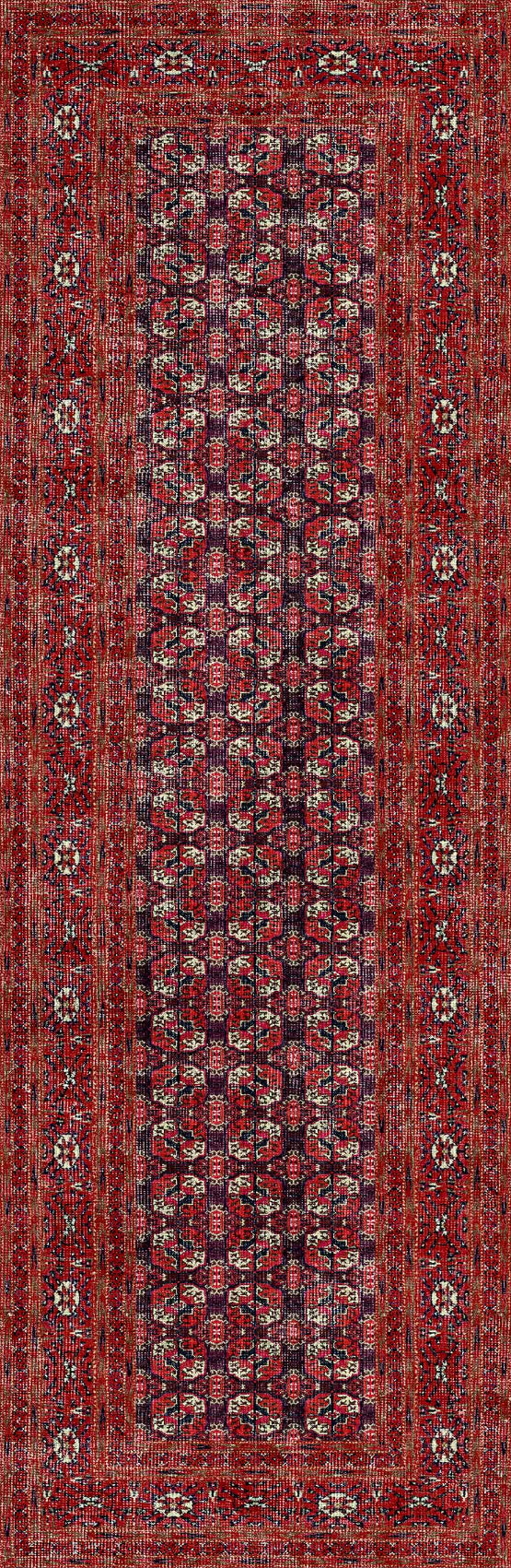 The Ruby Weave - Washable Rug - JRN1033 (Custom Size) is a rectangular red and black rug with intricate geometric and floral patterns, detailed textures, and layered designs. It's durable and perfect for high-traffic areas.
