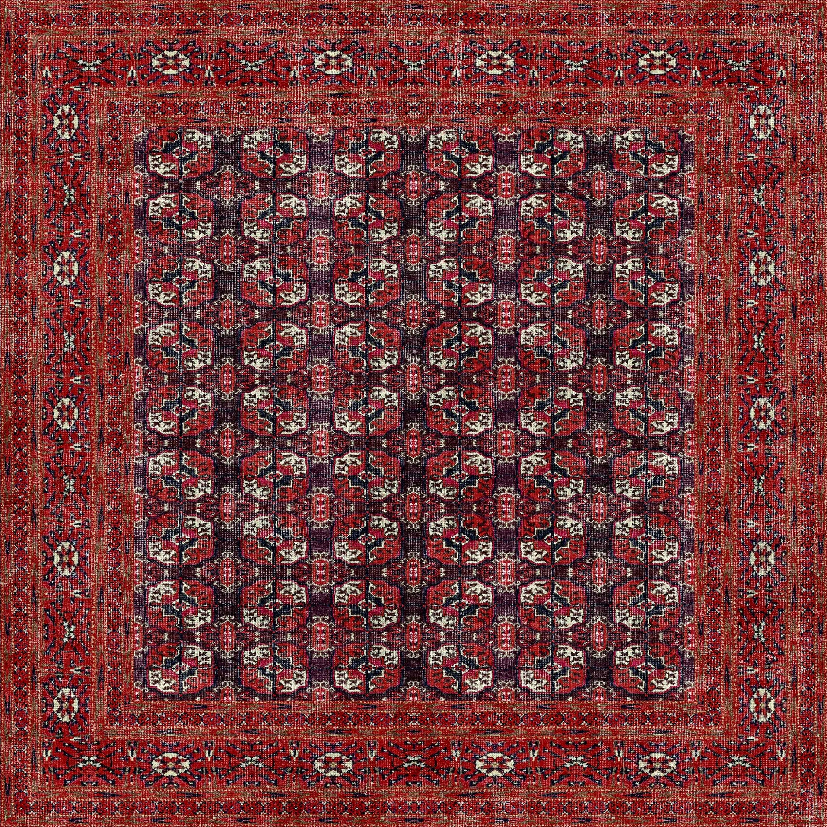 The Ruby Weave - Washable Rug (JRN1033) showcases a durable design with red, black, white, and green geometric patterns, octagonal motifs, floral accents, and ornate borders—combining elegance and easy maintenance.