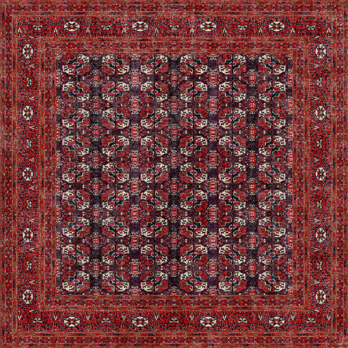Load image 1 in gallery view. The Ruby Weave - Washable Rug (JRN1033) showcases a durable design with red, black, white, and green geometric patterns, octagonal motifs, floral accents, and ornate borders—combining elegance and easy maintenance.
