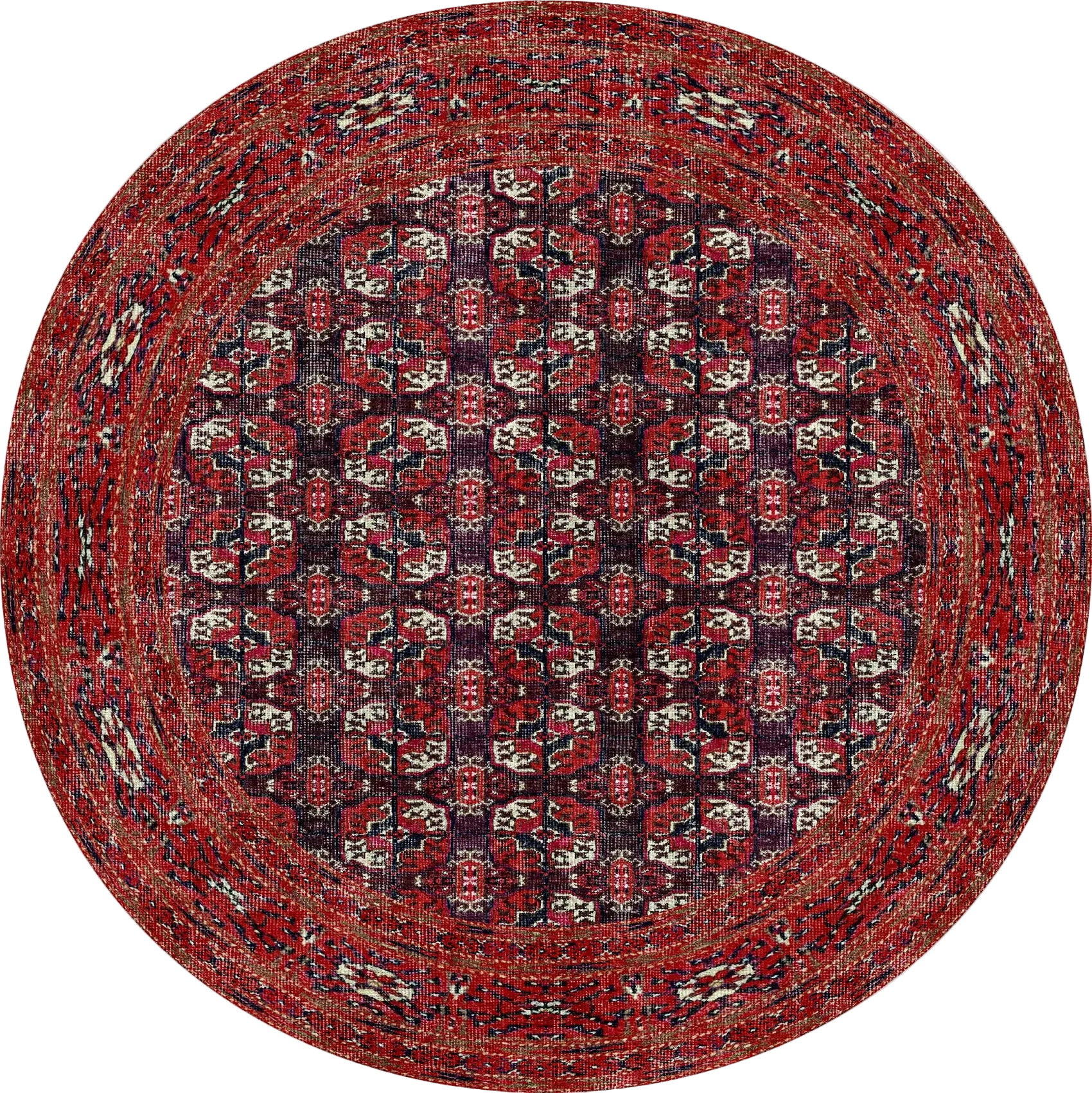 The Ruby Weave - Washable Rug - JRN1033 (Custom Size) features a round shape with red, black, and white geometric patterns, multiple borders, and symmetrical motifs—perfect for high-traffic areas and allergy-sensitive homes.