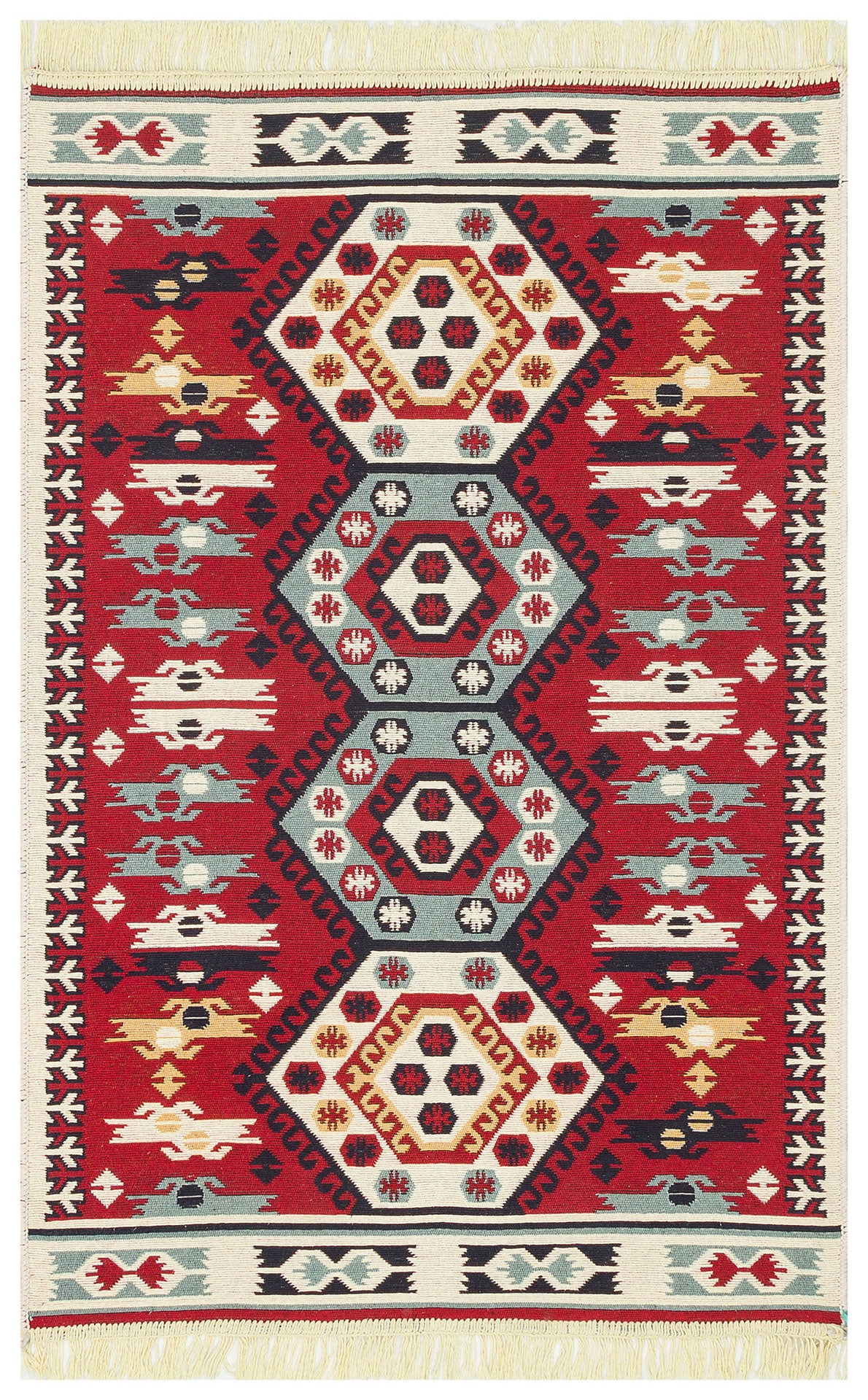 The Ruby Weft - Washable Reversible Kilims - AR30 features geometric diamond motifs in black, red, and cream on a red base, with colorful zigzag borders and cream fringes. This rectangular rug is both washable and reversible for easy care.