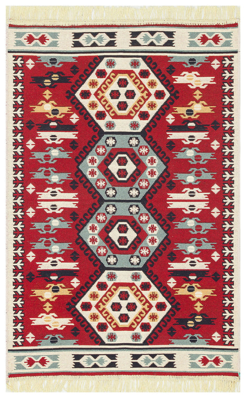 Load image 1 in gallery view. The Ruby Weft - Washable Reversible Kilims - AR30 features geometric diamond motifs in black, red, and cream on a red base, with colorful zigzag borders and cream fringes. This rectangular rug is both washable and reversible for easy care.