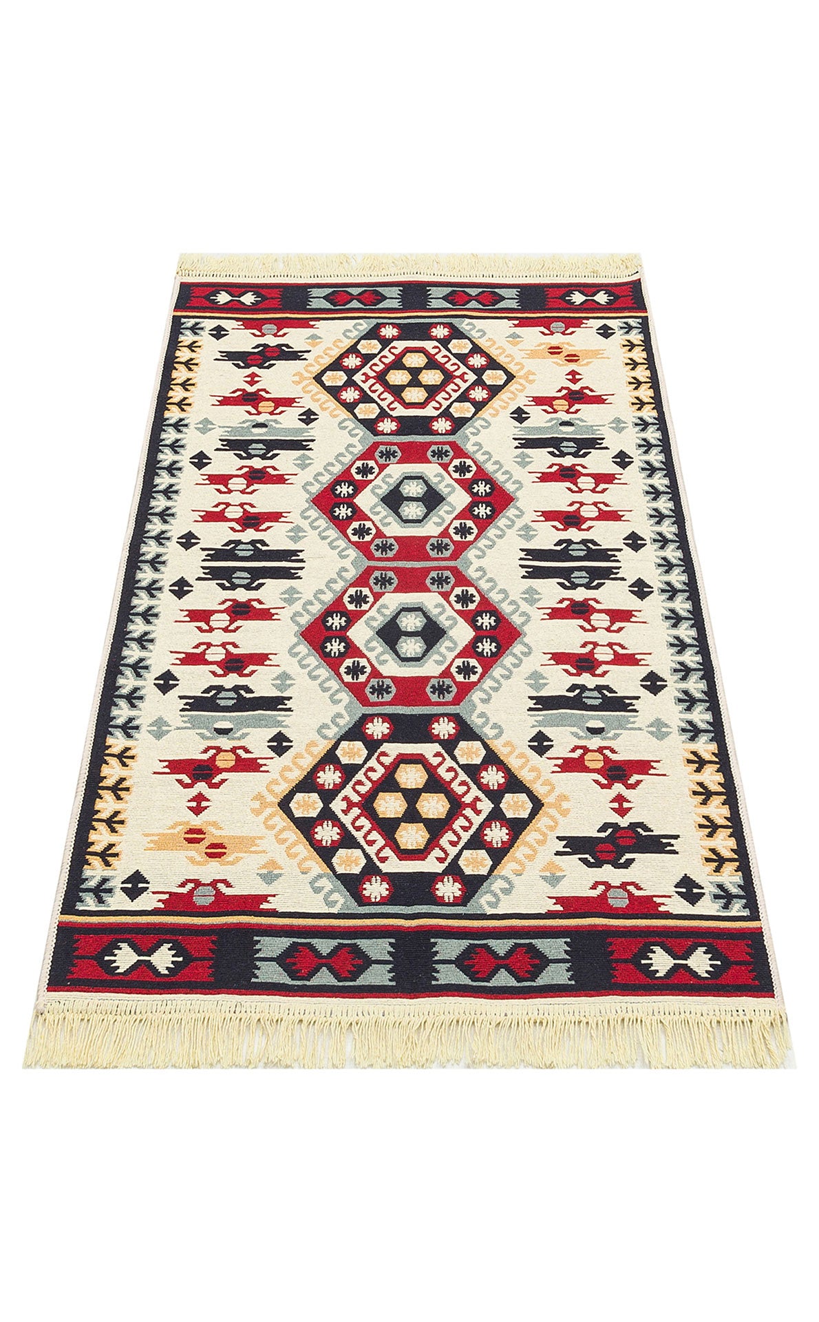The Ruby Weft - Washable Reversible Kilims - AR30 is a Turkish kilim rug with geometric borders, tribal diamond patterns in red, black, beige, and yellow, symmetrical motifs, and fringed edges on the short sides.