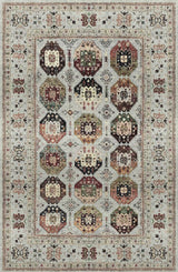 The Rust Mosaic - Washable Rug (JRN1036) features a rectangular Persian-style design with a light background, intricate geometric and medallion motifs in red, brown, beige, and green, framed by detailed floral and leaf borders.