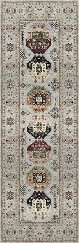 The Rust Mosaic - Washable Rug (JRN1036) features a rectangular tribal-ethnic design with symmetrical geometric shapes and intricate floral motifs in red, yellow, green, and black on a light beige background.