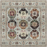 The Rust Mosaic - Washable Rug - JRN1036 features a light background with six large round medallions in earthy tones, surrounded by intricate geometric and floral motifs and an ornate border.
