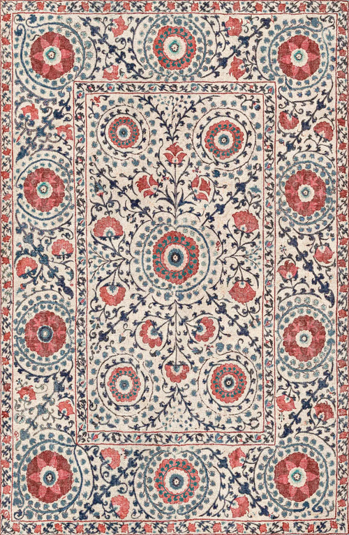 Load image 1 in gallery view. The Rustic Pearl - Washable Rug - JRN1030 features a rectangular shape with intricate red, blue, and cream floral and circular patterns, including concentric circles, stylized flowers, leafy vines, and a floral motif border for a botanical look.