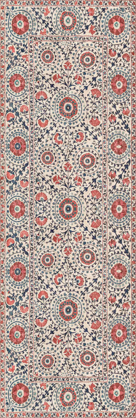 The Rustic Pearl - Washable Rug - JRN1030 features a rectangular botanical pattern with symmetrical red, blue, and beige floral and circular motifs, a central medallion row, and a detailed flower and leaf border.