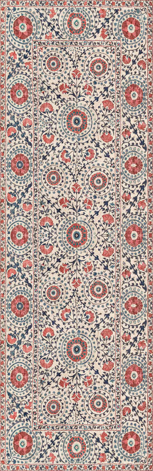 Load image 1 in gallery view. The Rustic Pearl - Washable Rug - JRN1030 features a rectangular botanical pattern with symmetrical red, blue, and beige floral and circular motifs, a central medallion row, and a detailed flower and leaf border.