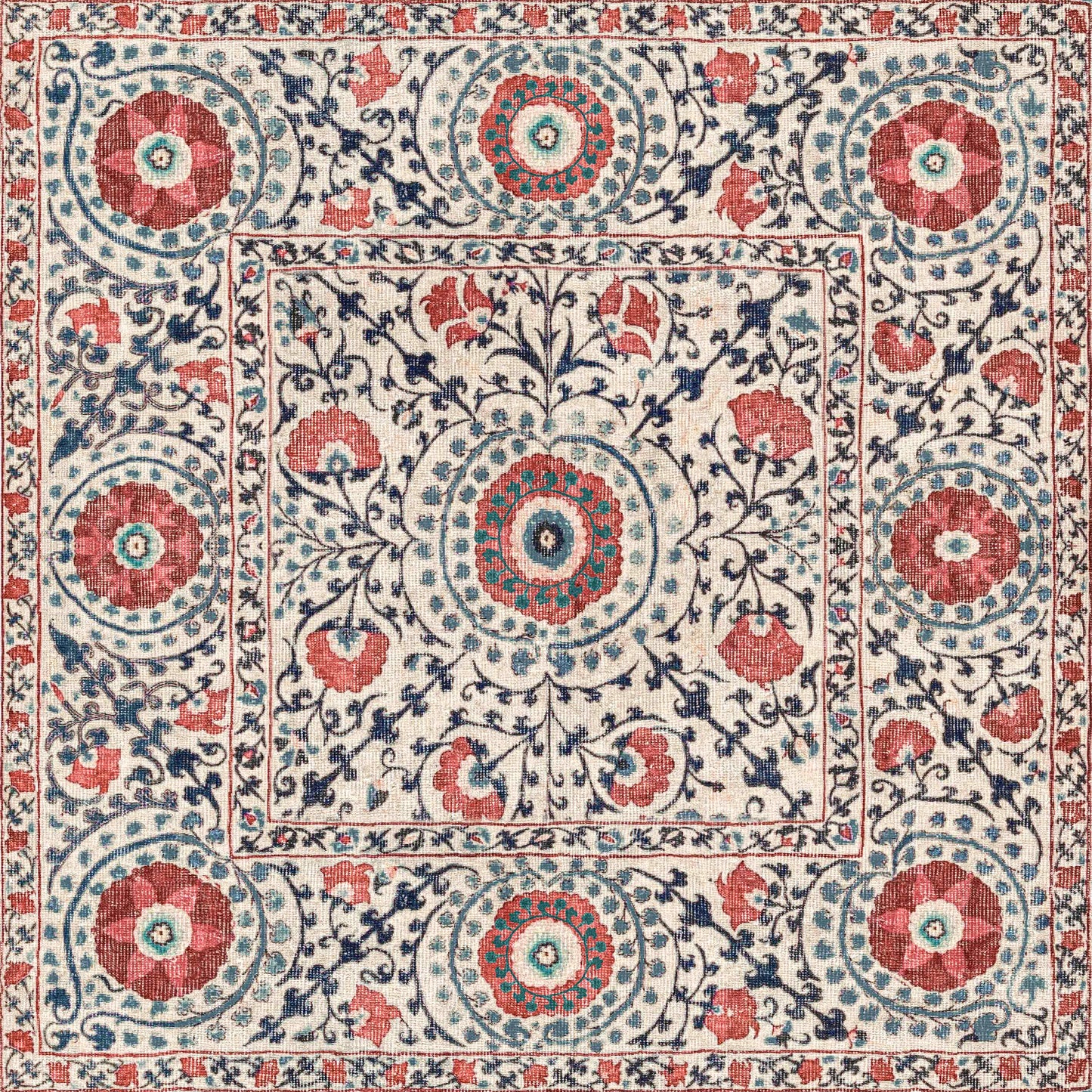 The Rustic Pearl - Washable Rug - JRN1030 features a square shape with a detailed red, blue, and cream botanical pattern, central medallion, four circular motifs, and floral border. Its ornate style combines beauty with practical washability.