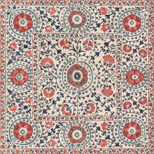 Load image 1 in gallery view. The Rustic Pearl - Washable Rug - JRN1030 features a square shape with a detailed red, blue, and cream botanical pattern, central medallion, four circular motifs, and floral border. Its ornate style combines beauty with practical washability.