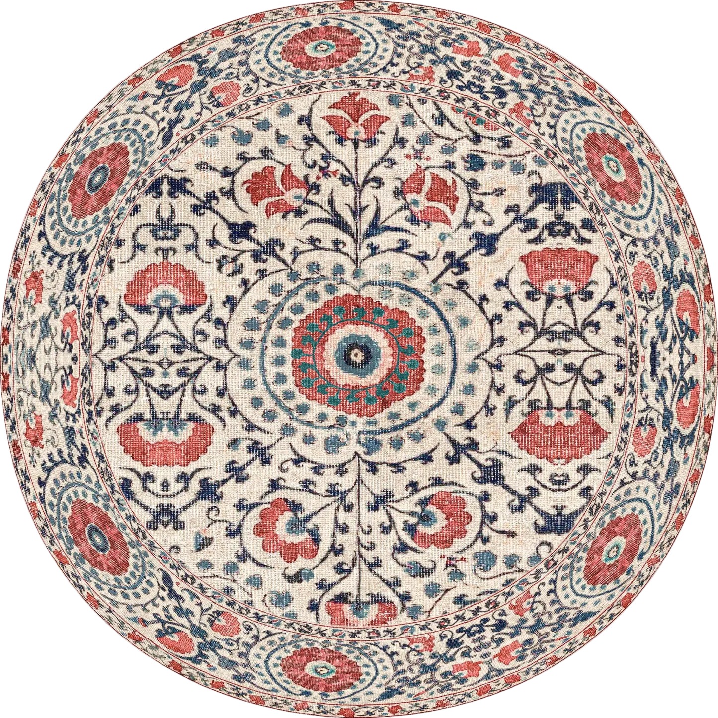 The Rustic Pearl - Washable Rug - JRN1030 features a round botanical pattern with an intricate floral design in red, navy blue, and teal on a cream background, highlighted by a central medallion and symmetrical edge motifs.
