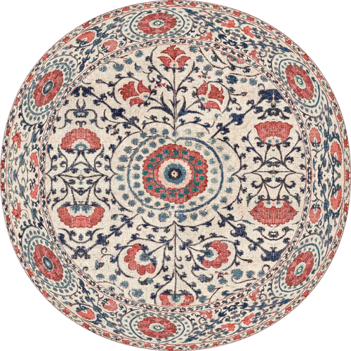 Load image 1 in gallery view. The Rustic Pearl - Washable Rug - JRN1030 features a round botanical pattern with an intricate floral design in red, navy blue, and teal on a cream background, highlighted by a central medallion and symmetrical edge motifs.