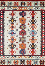 The Rustic Refrain - Washable Rug - JR149 (Custom Size) is a colorful rectangular flat weave with a geometric, tribal-inspired pattern in red, orange, blue, black, and beige tones and symmetrical motifs on a light background.