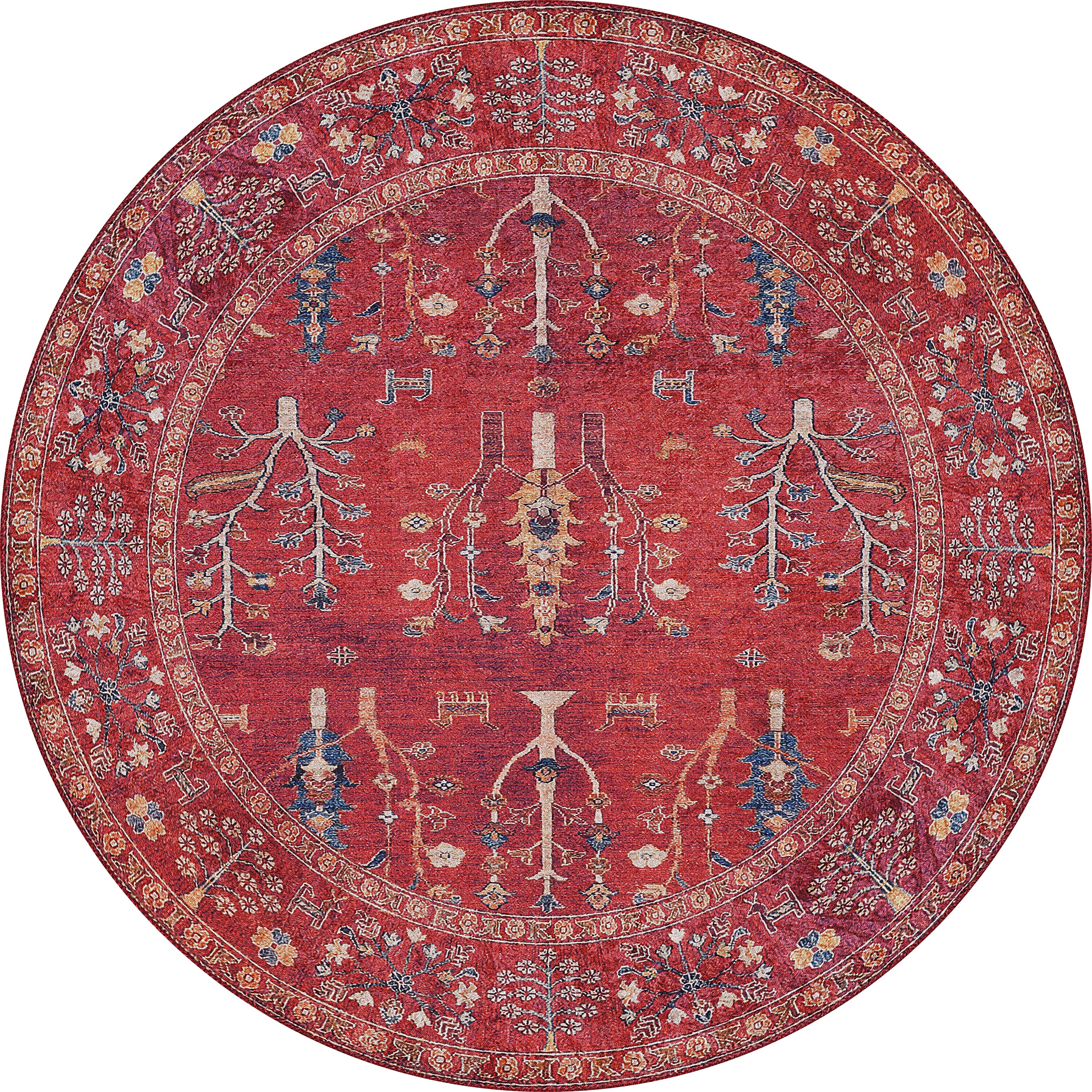 The Rustic Retreat - Washable Rug - JR5095 is a round, red rug with intricate floral and tree motifs in blue, yellow, and beige, bordered by ornate florals—ideal as a washable rug for high-traffic areas.