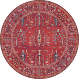 The Rustic Retreat - Washable Rug - JR5095 is a round, red rug with intricate floral and tree motifs in blue, yellow, and beige, bordered by ornate florals—ideal as a washable rug for high-traffic areas.