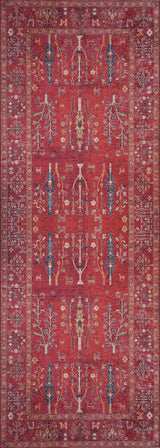 The Rustic Retreat - Washable Rug - JR5095 is a rectangular red rug with symmetrical tree, plant, and geometric patterns in blue, yellow, and cream plus a detailed border—ideal for high-traffic areas and easy to clean.