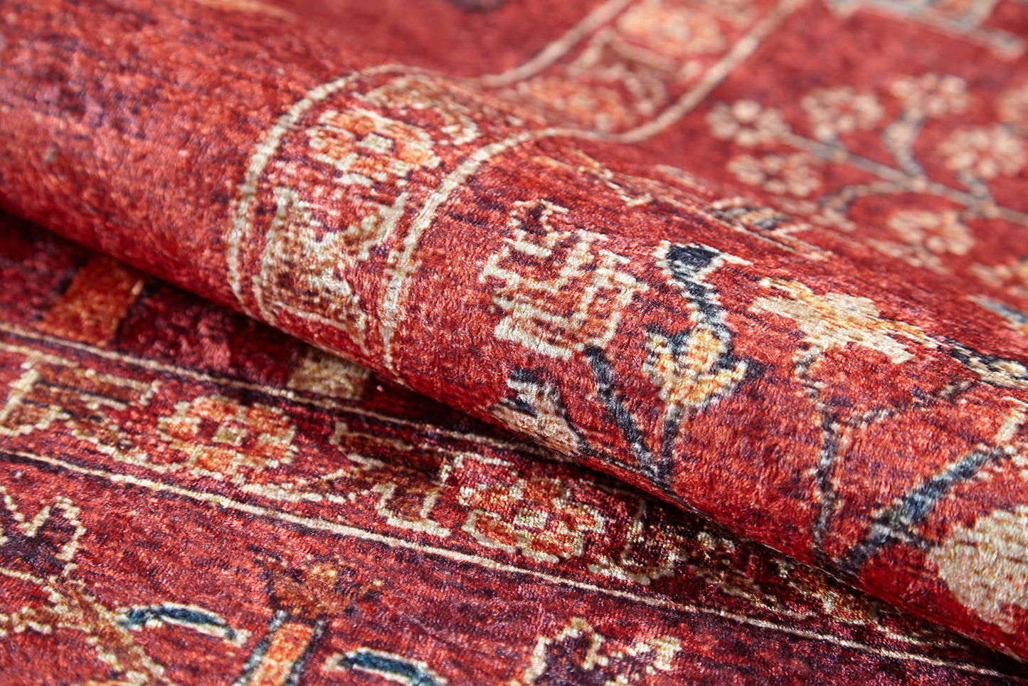 Close-up of the Rustic Retreat - Washable Rug - JR5095 (Custom Size), featuring rich red hues, intricate floral and geometric designs, and detailed weaving—ideal as a washable option for high-traffic spaces.