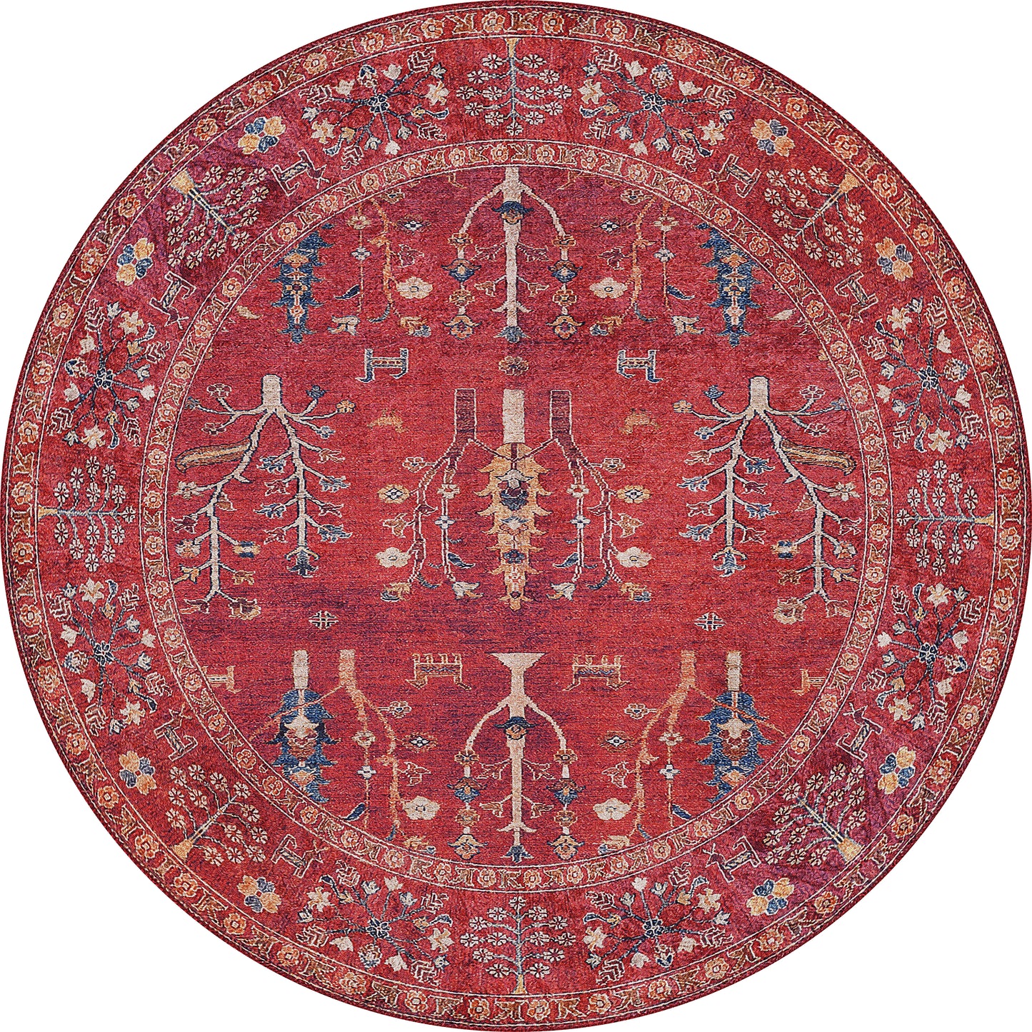 The Rustic Retreat - Washable Rug - JR5095 (Custom Size) is a round red rug featuring intricate blue, ivory, and gold floral and tree patterns, a detailed floral border, and a symmetrical central design—ideal for high-traffic areas.
