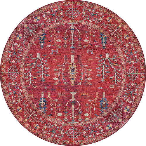 Load image 1 in gallery view. The Rustic Retreat - Washable Rug - JR5095 (Custom Size) is a round red rug featuring intricate blue, ivory, and gold floral and tree patterns, a detailed floral border, and a symmetrical central design—ideal for high-traffic areas.