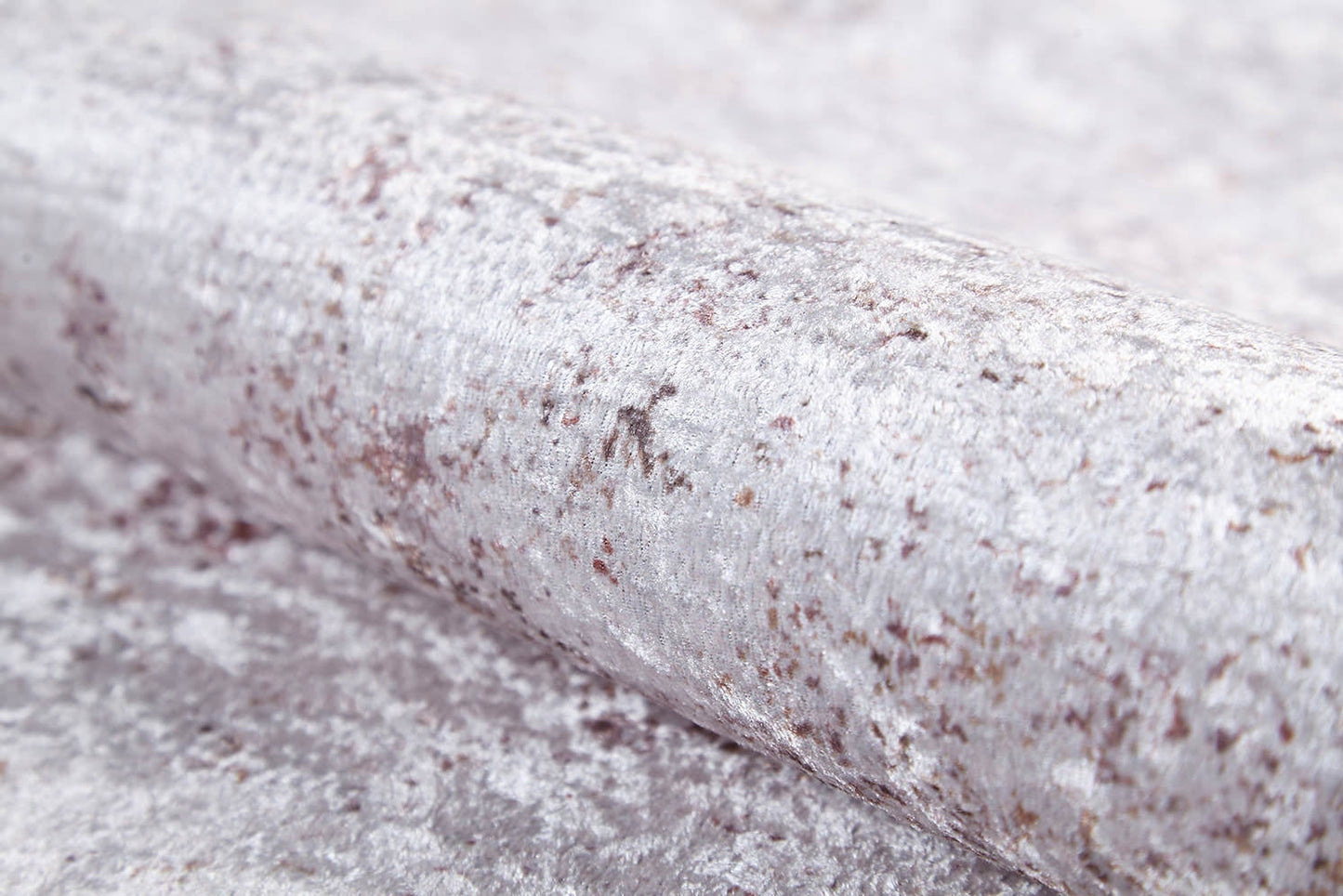A close-up of Rustic Trails - Washable Rug - JR1736 (Custom Size) shows light gray crushed velvet fabric with a soft, textured, slightly shiny surface—ideal for washability and durability in high-traffic areas.