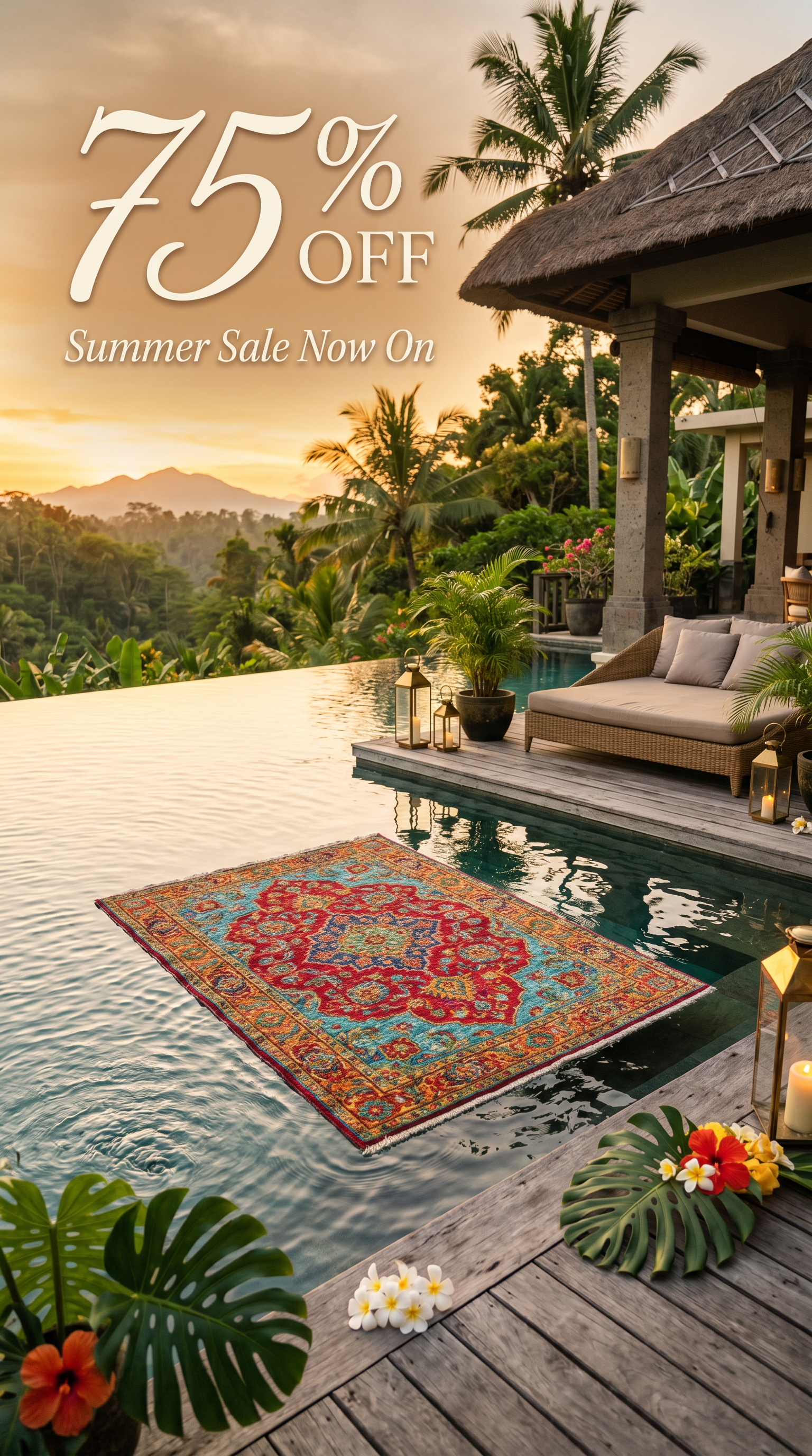 Poolside scene with a colorful rug, outdoor furniture, and a tropical setting with a '75% Off' sale text overlay.