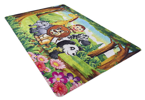 Load image 1 in gallery view. The Safari Buddies - Machine-Washable Rug JRC041 (Custom Size) features cartoon animals in a colorful jungle scene with trees, grass, and flowers; durable for high-traffic areas and easy to clean—perfect for kids’ rooms.