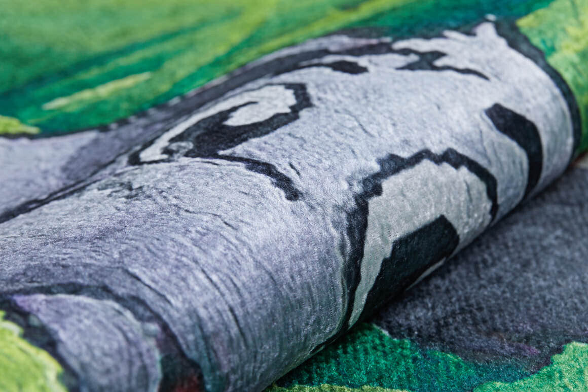 A close-up of the Safari Buddies - Machine-Washable Rug JRC041 (Custom Size) shows its abstract pattern in green, gray, black, and white—ideal for high-traffic areas.