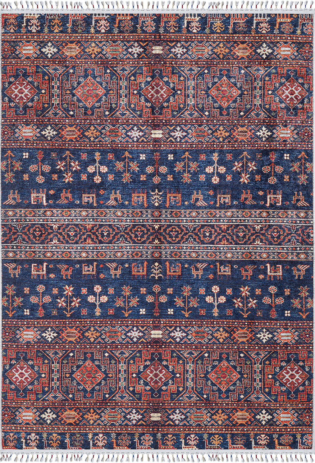 The Sahara Sunrise - Washable Rug - JR5091 (Custom Size) features intricate geometric and floral patterns in red, white, and orange on dark blue. Its durable, washable design with repeating rows and fringed edges is perfect for high-traffic areas.