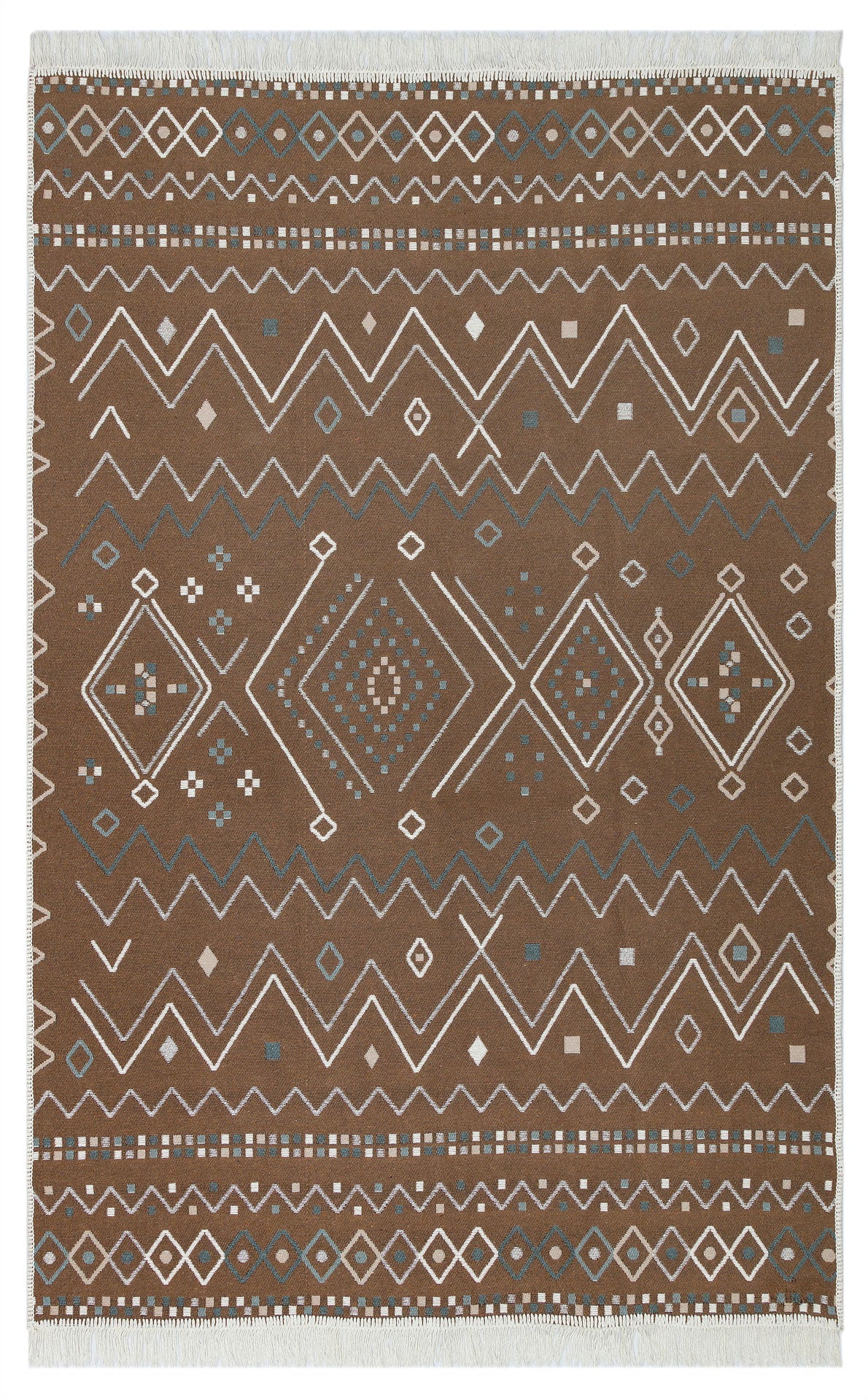 The Sand Horizon - Washable Reversible Kilims - AR05 is a rectangular recycled cotton rug with a brown base, displaying white and blue geometric patterns, diamonds, zigzags, dots, and short fringes on the shorter edges.