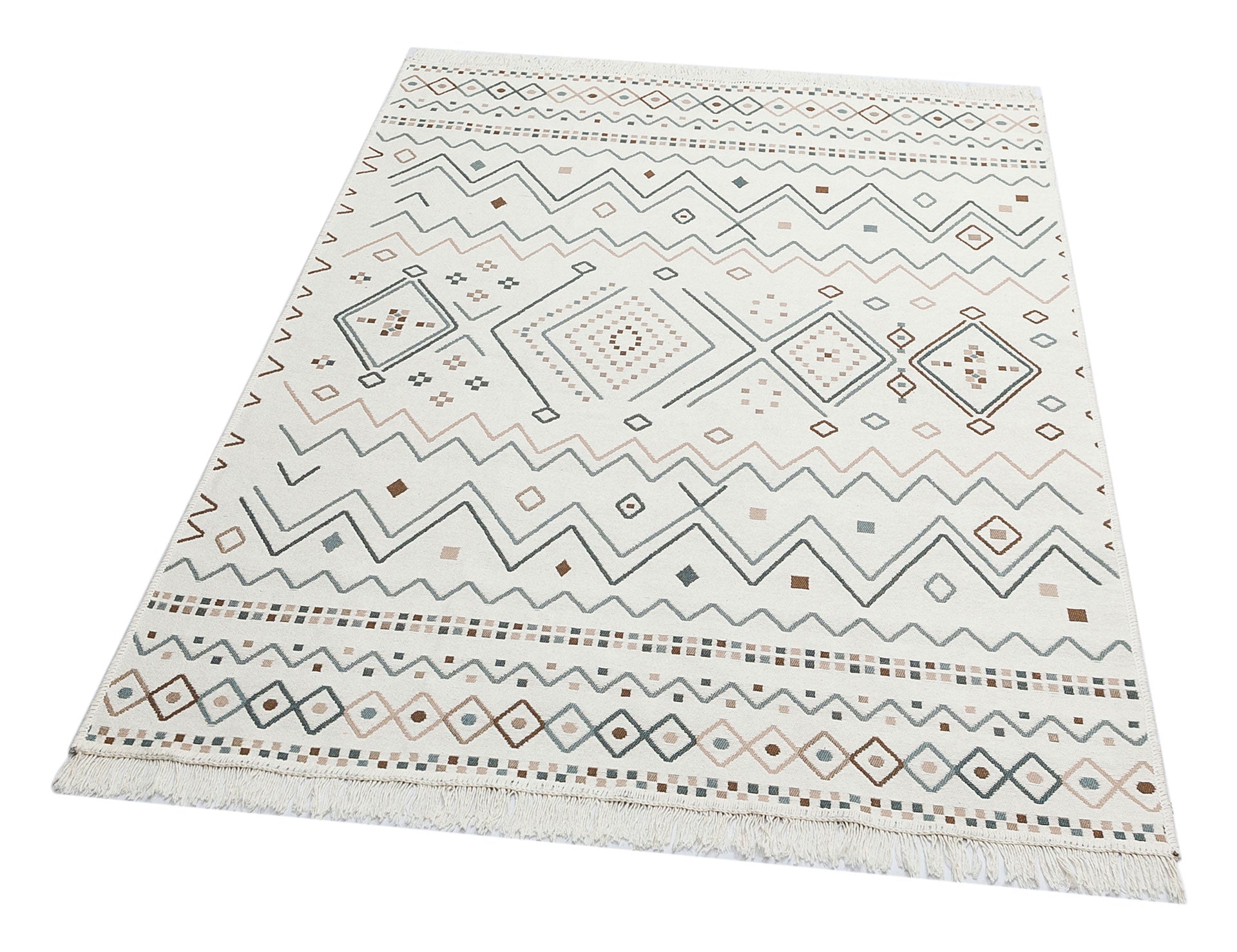 The Sand Horizon - Washable Double-Sided Kilims - AR05 is a rectangular, cream-colored rug with geometric brown, gray, and beige patterns and fringe on the shorter edge. It’s fully washable and features a reversible design.