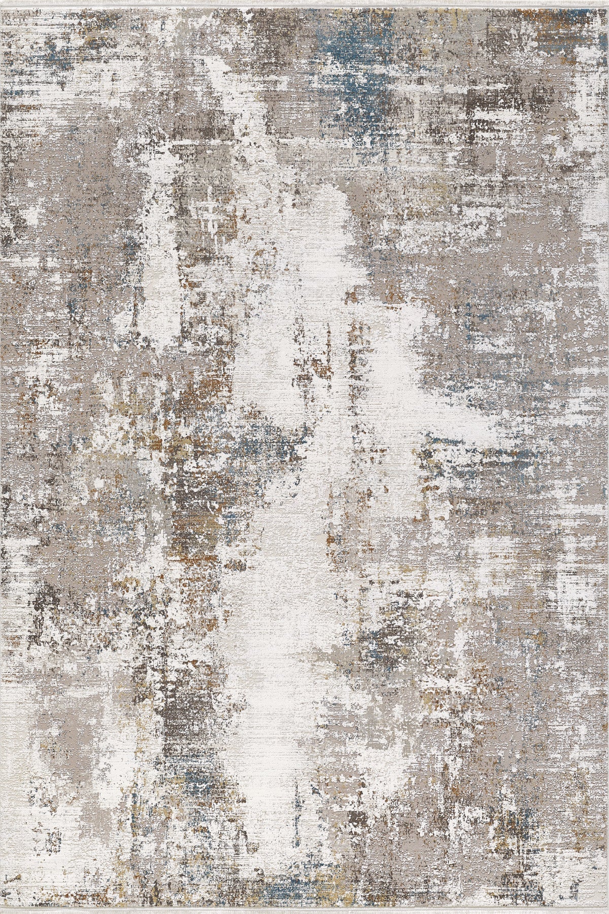 The Sandy Papyrus Canvas Area Rug - M679L features a machine-made abstract design with a distressed pattern in beige, white, gray, blue, and gold for a weathered, textured look.