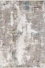 The Sandy Papyrus Canvas Area Rug - M679L features a machine-made abstract design with a distressed pattern in beige, white, gray, blue, and gold for a weathered, textured look.