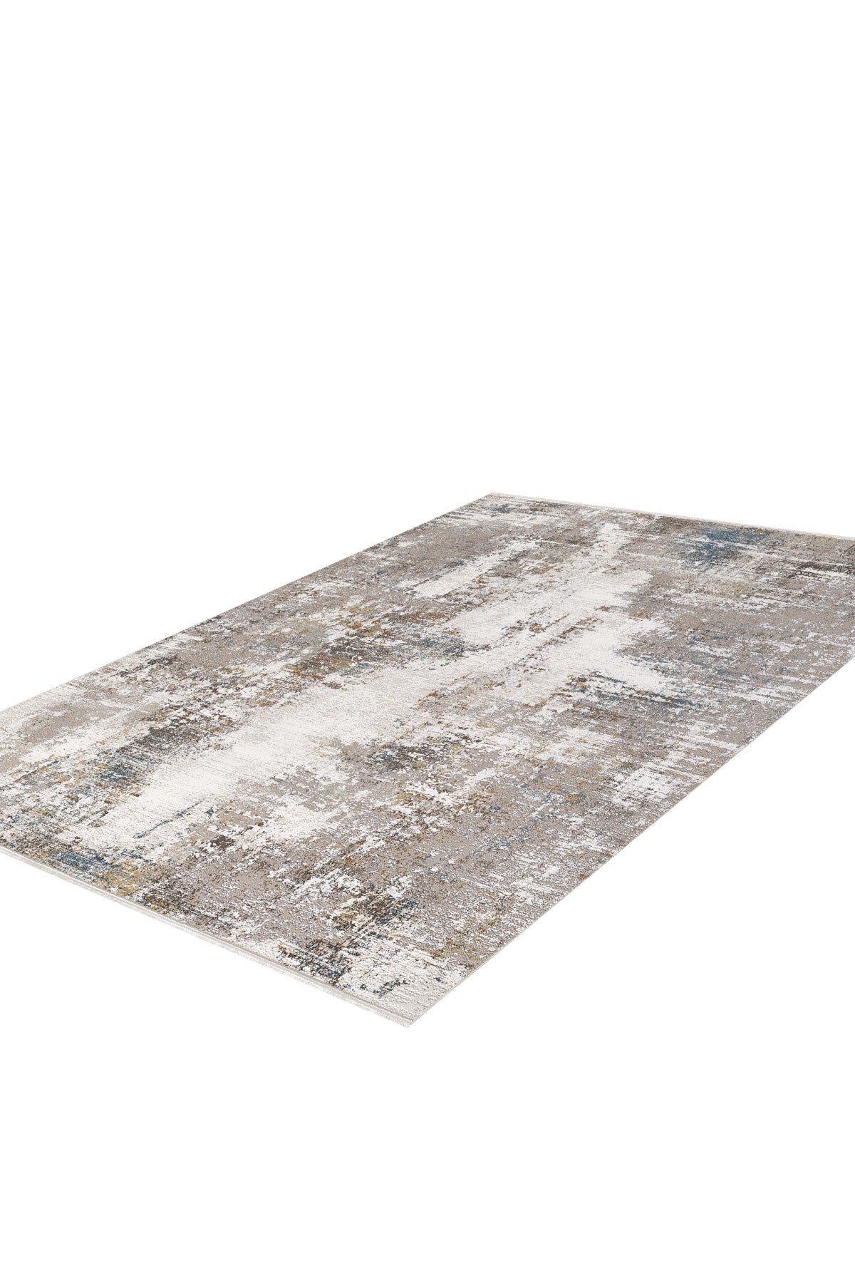 The Sandy Papyrus Canvas Area Rug - M679L is a rectangular, machine-made rug with an abstract textured pattern in beige, brown, gray, and hints of blue, shown against a white background.