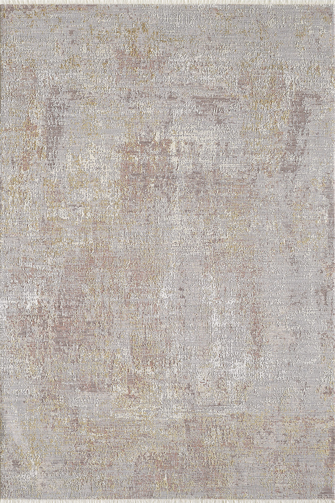 The Sandy Whisper Neutral Rug - M628M is a rectangular, machine-made rug featuring a distressed abstract pattern in muted gray, beige, gold, and blush tones for a soft, weathered vintage look with subtle texture throughout.