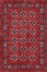 The Scarlet Charm - Washable Rug (JRN1032) features a red Persian-style design with navy and cream geometric center, diamond borders, and floral motifs—ideal for high-traffic areas.