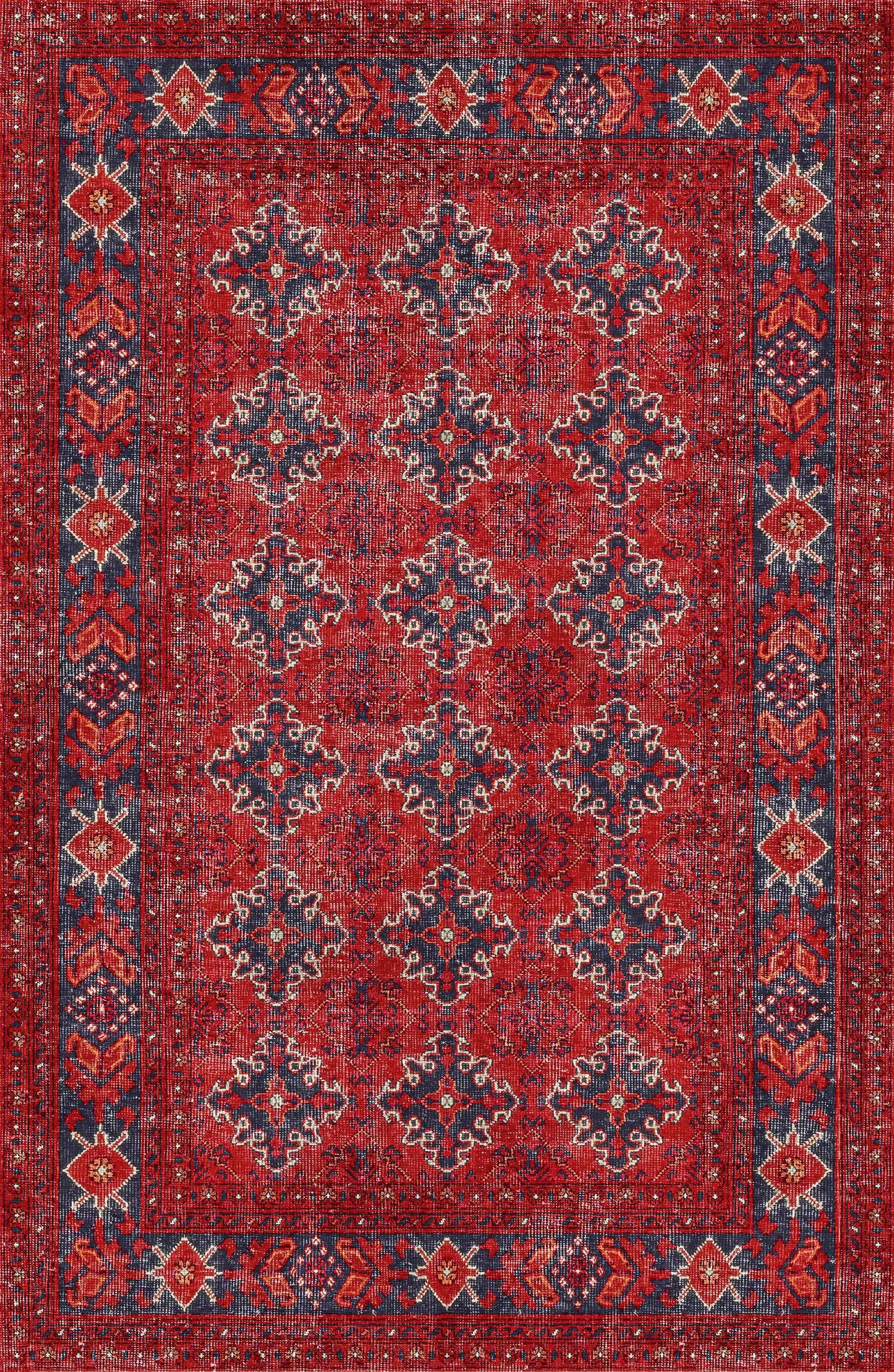 The Scarlet Charm - Washable Rug (JRN1032) features a red Persian-style design with navy and cream geometric center, diamond borders, and floral motifs—ideal for high-traffic areas.