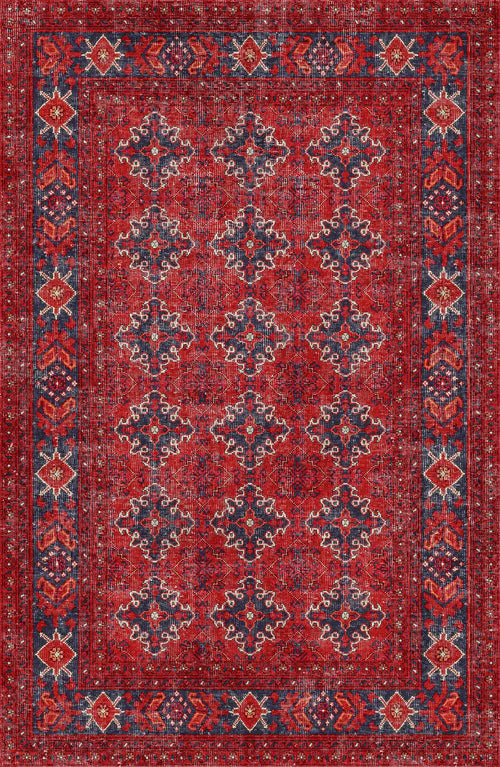 Load image 1 in gallery view. The Scarlet Charm - Washable Rug (JRN1032) features a red Persian-style design with navy and cream geometric center, diamond borders, and floral motifs—ideal for high-traffic areas.