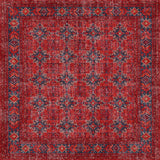The Scarlet Charm - Washable Rug (JRN1032) features bold red tones with navy blue and gold geometric motifs, a decorative diamond and floral border, and is ideal for high-traffic or allergy-sensitive spaces.