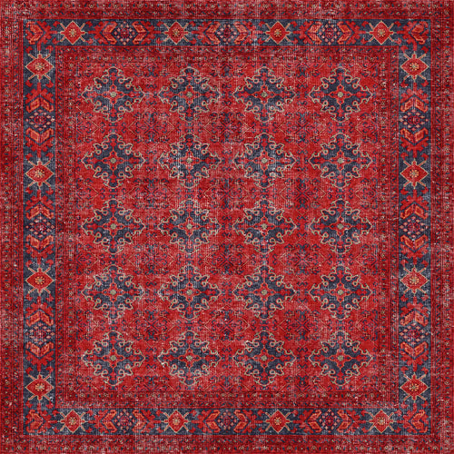 Load image 1 in gallery view. The Scarlet Charm - Washable Rug (JRN1032) features bold red tones with navy blue and gold geometric motifs, a decorative diamond and floral border, and is ideal for high-traffic or allergy-sensitive spaces.