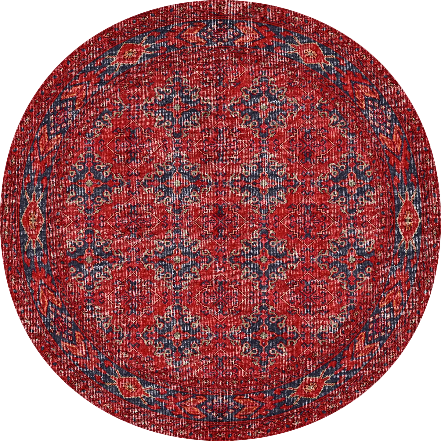 The Scarlet Charm - Washable Rug (JRN1032) is a round red and navy rug with an intricate geometric and floral pattern, gold accents, and a detailed border—vibrant, allergy-friendly, and perfect for high-traffic areas.