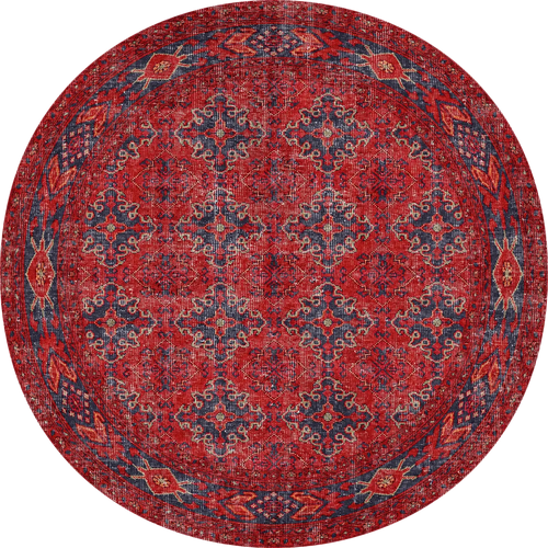 Load image 1 in gallery view. The Scarlet Charm - Washable Rug (JRN1032) is a round red and navy rug with an intricate geometric and floral pattern, gold accents, and a detailed border—vibrant, allergy-friendly, and perfect for high-traffic areas.