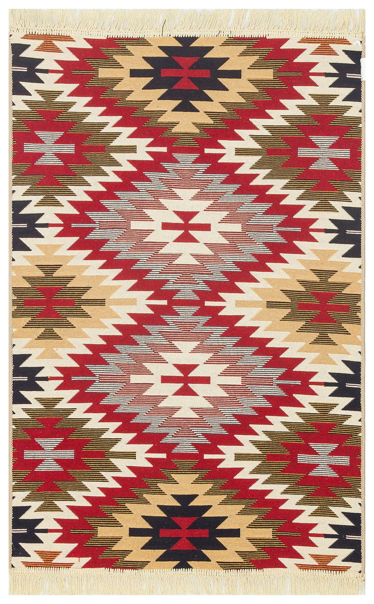 Scarlet Path - Washable Double-Sided Kilims - AR33: A rectangular rug with bold geometric red, beige, black, and olive green patterns, featuring repeating diamonds, zigzags, and short fringes on the shorter edges. Machine washable for easy care.