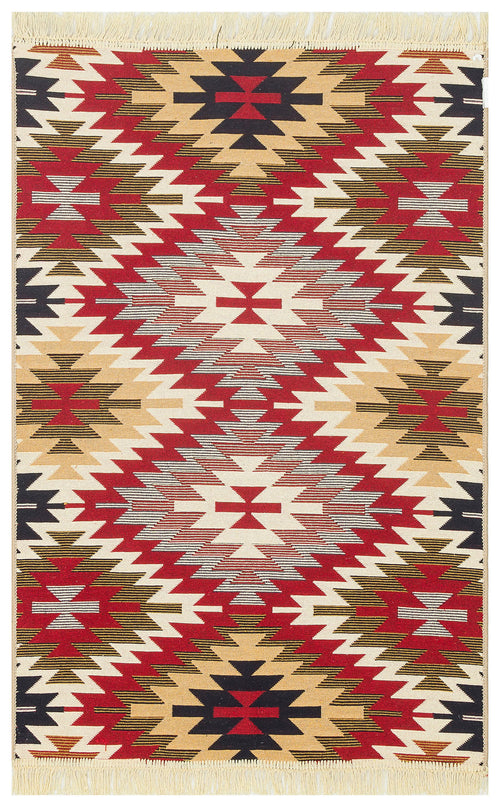 Load image 1 in gallery view. Scarlet Path - Washable Reversible Kilims - AR33: A rectangular rug with bold geometric red, beige, black, and olive green patterns, featuring repeating diamonds, zigzags, and short fringes on the shorter edges. Machine washable for easy care.
