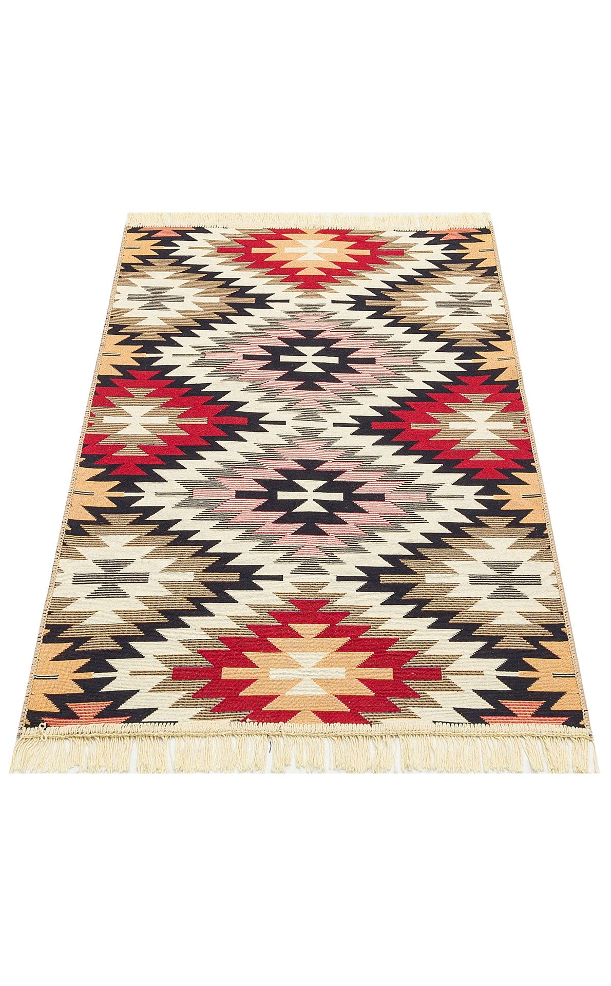 Scarlet Path - Washable Double-Sided Kilims - AR33: A rectangular, washable kilim rug with fringed edges, featuring a geometric pattern of repeating diamonds and zigzag lines in red, black, beige, yellow, and ivory.