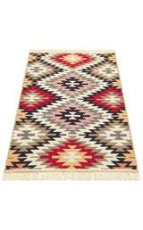 Scarlet Path - Washable Double-Sided Kilims - AR33: A rectangular, washable kilim rug with fringed edges, featuring a geometric pattern of repeating diamonds and zigzag lines in red, black, beige, yellow, and ivory.