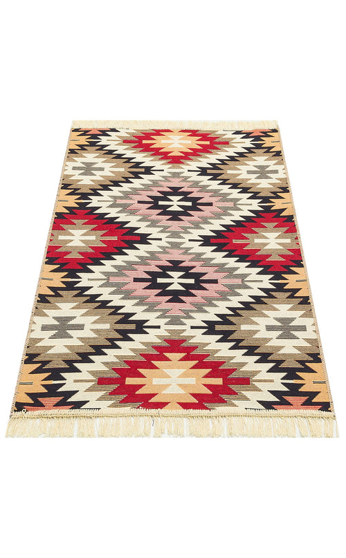 Load image 1 in gallery view. Scarlet Path - Washable Double-Sided Kilims - AR33: A rectangular, washable kilim rug with fringed edges, featuring a geometric pattern of repeating diamonds and zigzag lines in red, black, beige, yellow, and ivory.